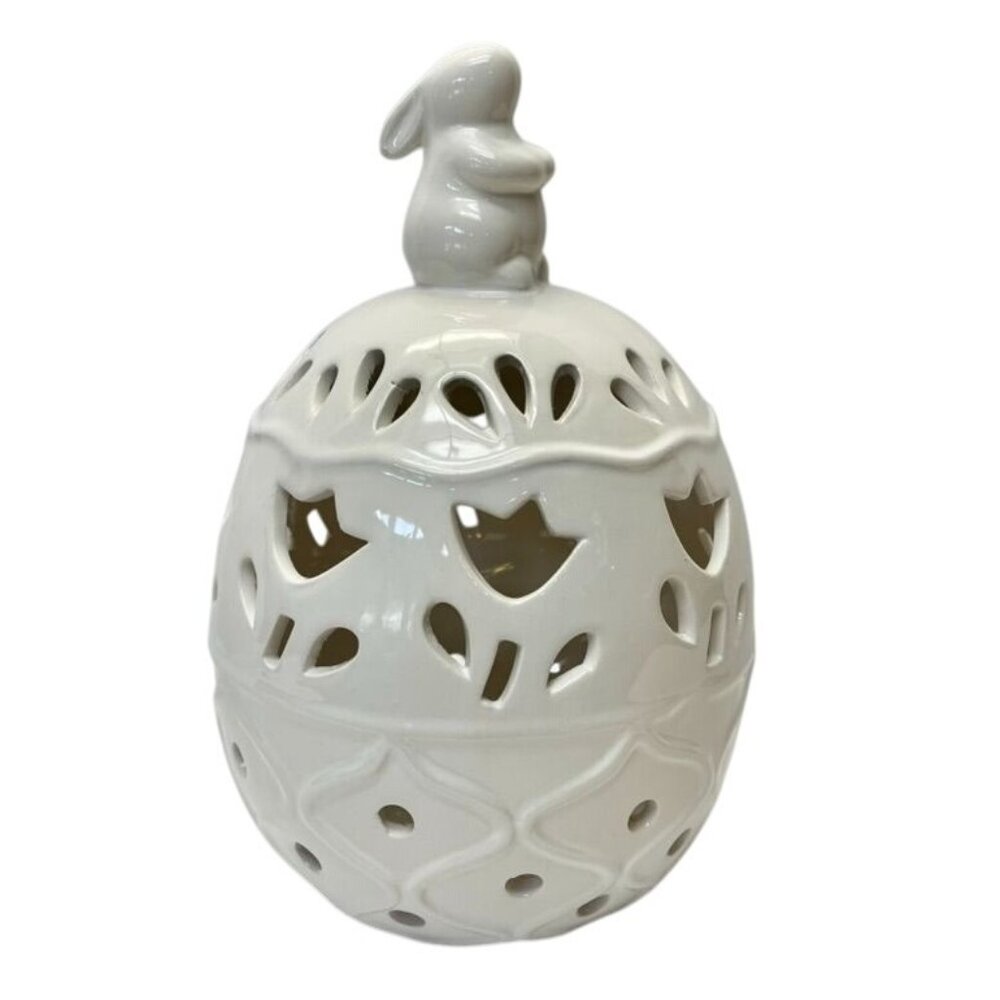 White Ceramic Easter Egg Light with Bunny and Tulip Cutouts – Spring Home Decor